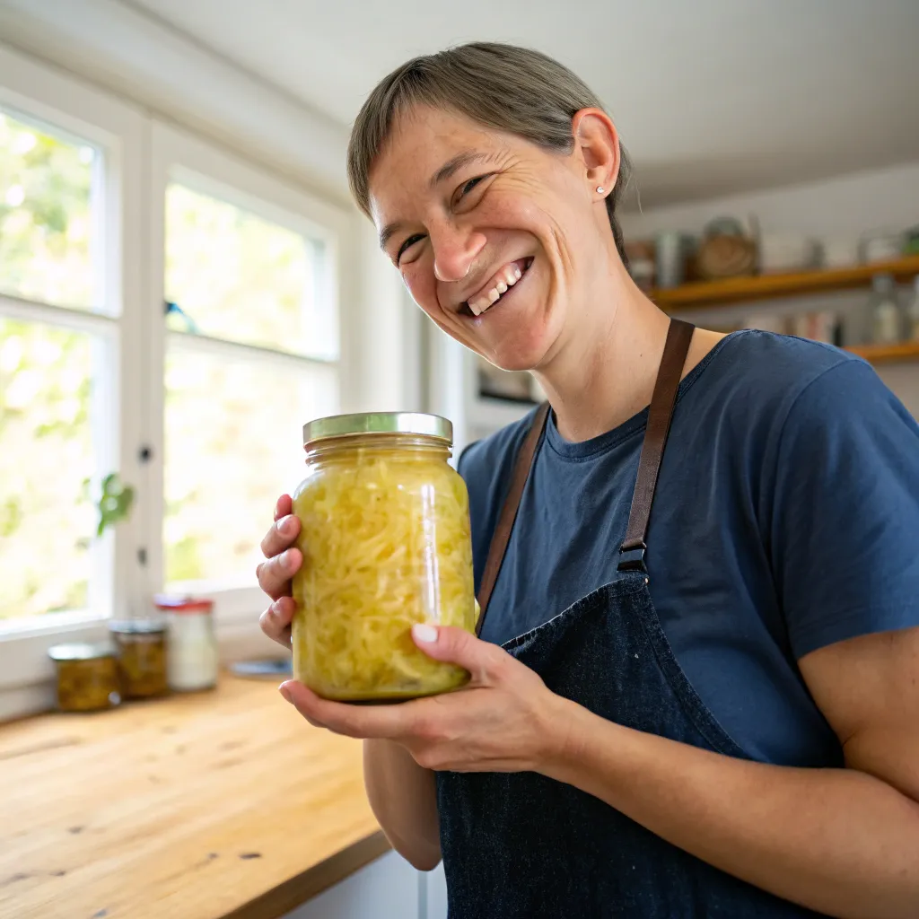 Smiling person holding a jar of sauerkraut