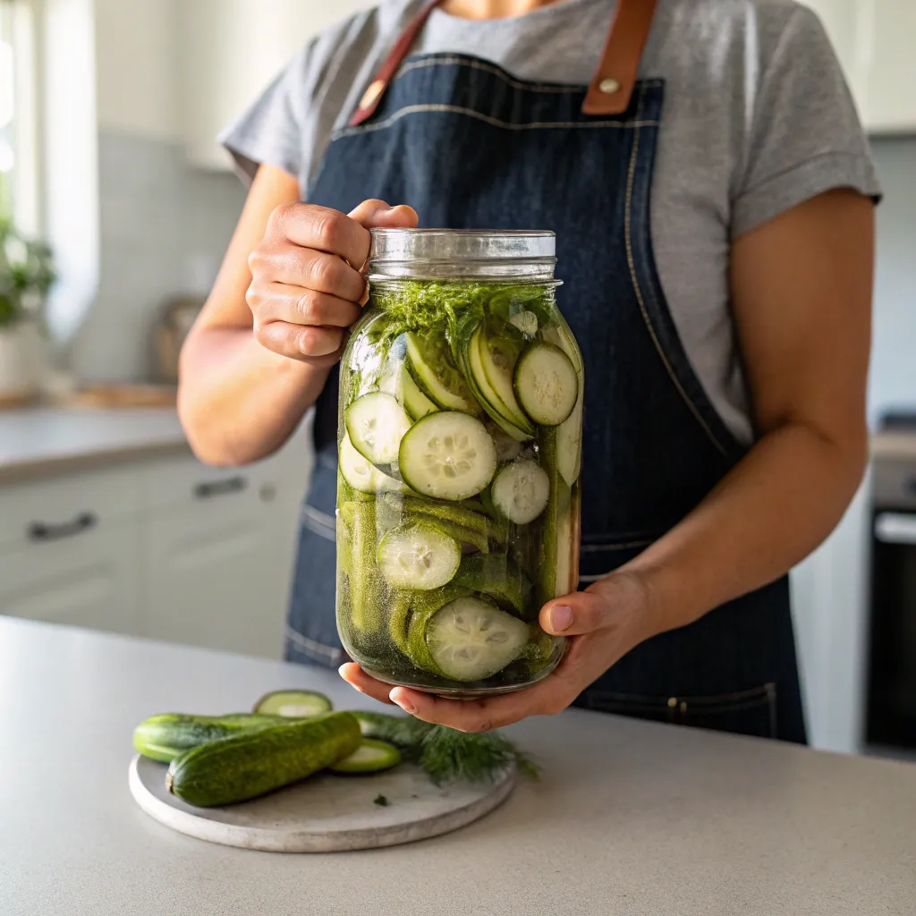 Person presenting a jar of home-made pickles
