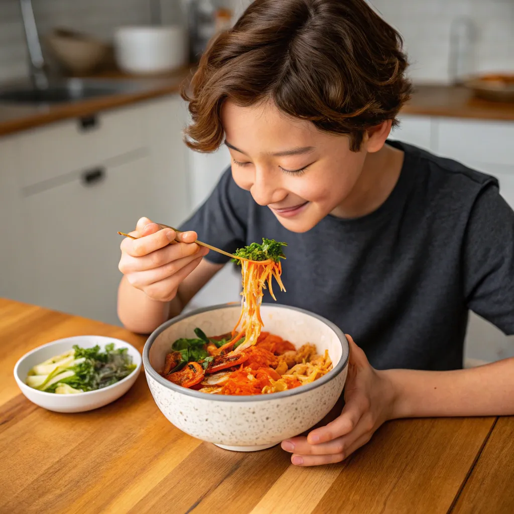 Young person enjoying a bowl of kimchi